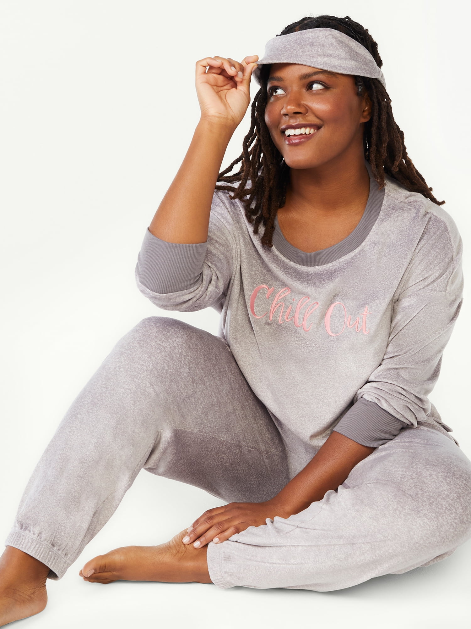 Joyspun Women's Velour Pajama Sleep Set with Eye Mask, 3Piece, Sizes S to 3X