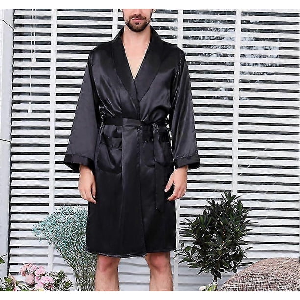 Mens Satin Silk Luxury Pajamas Kimono Bathrobe Robe Dressing Gown Pjs Loungewear