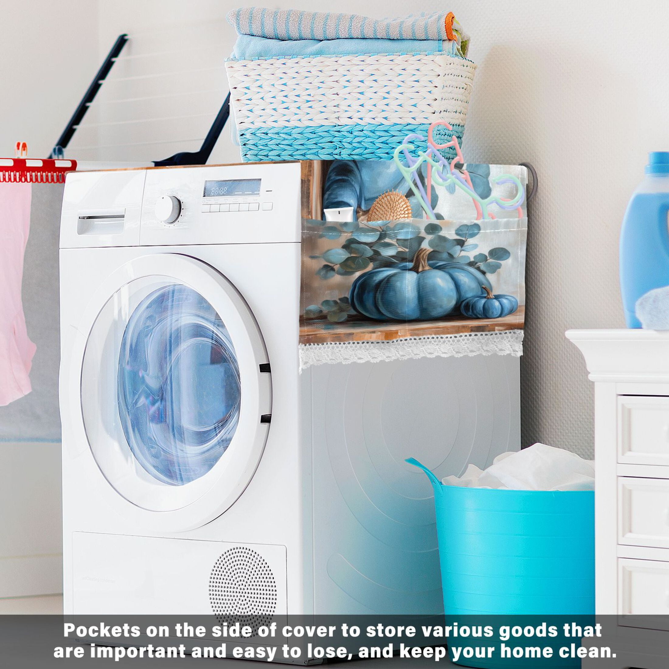 Blue PumpkinWasher and Dryer Covers Dust-Proof and Oil Resistant Fridge Cover with 4 Storage Pockets Washing Machine Top Cover for Laundry Kitchen Home 51.2 x 22 In