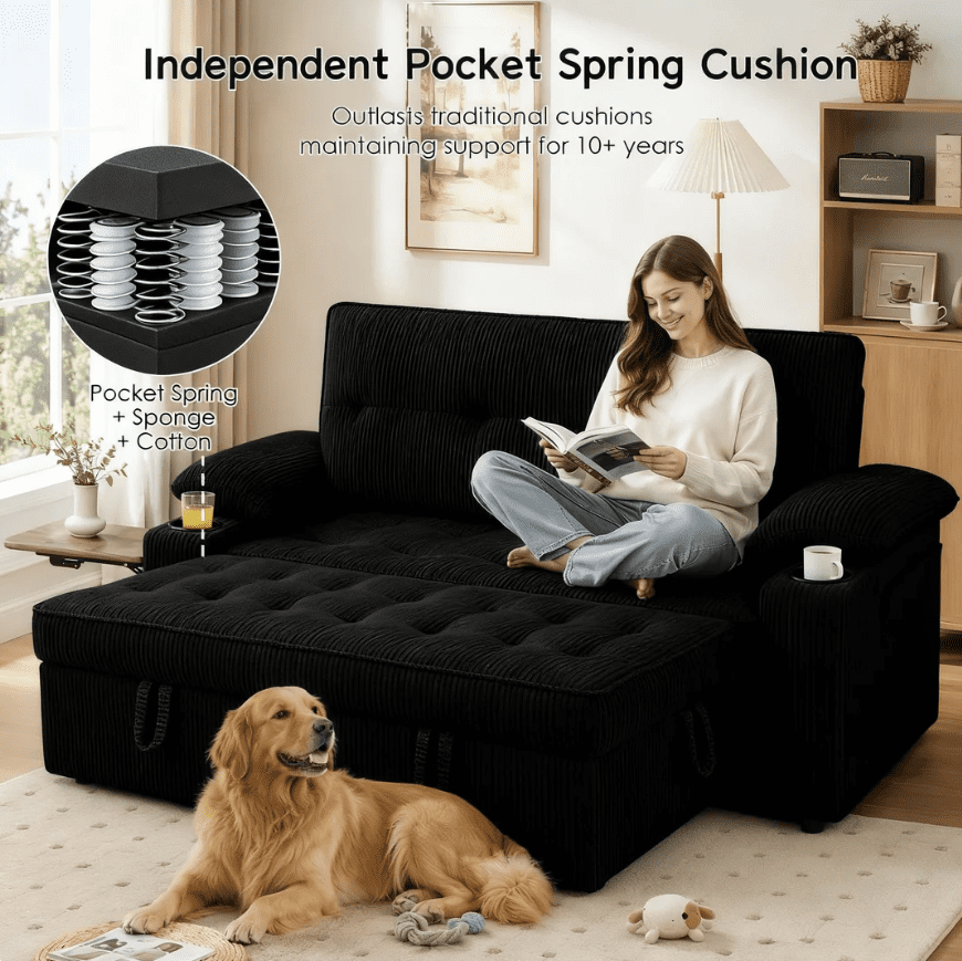 58" Sleeper Sofa Bed, Full Size Pull Out Couch, Convertible Loveseat Sofa with 5-Level Adjustable Backrest, USB Charging Ports, Cup Holders & Foldable Side Table, for Living Room, Apartment & Office