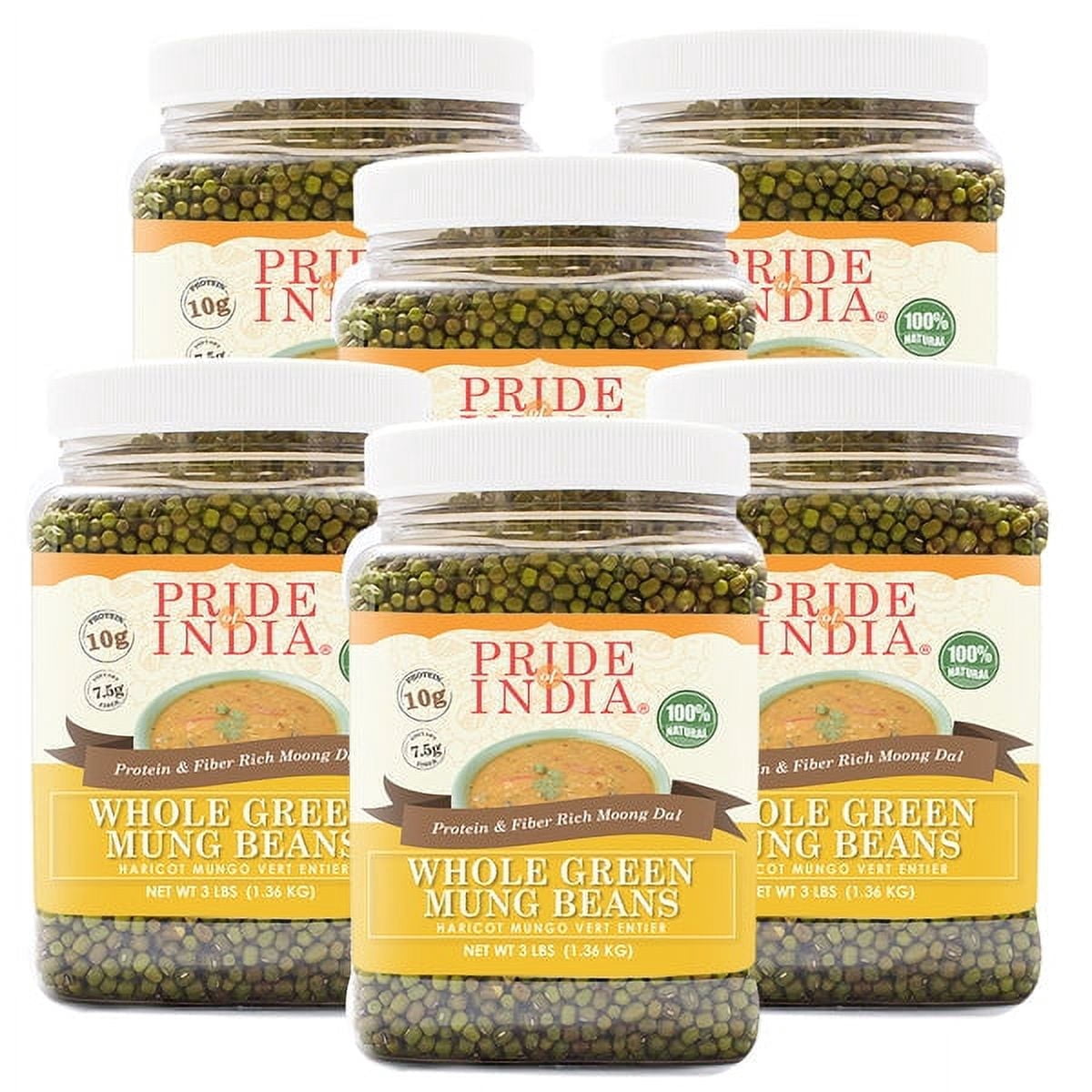 Pride of India - Pack of 6 - Whole Green Mung Beans (Moong), 3 lbs Jar, Plant Based Protein, Natural, Vegan & Gluten-Free