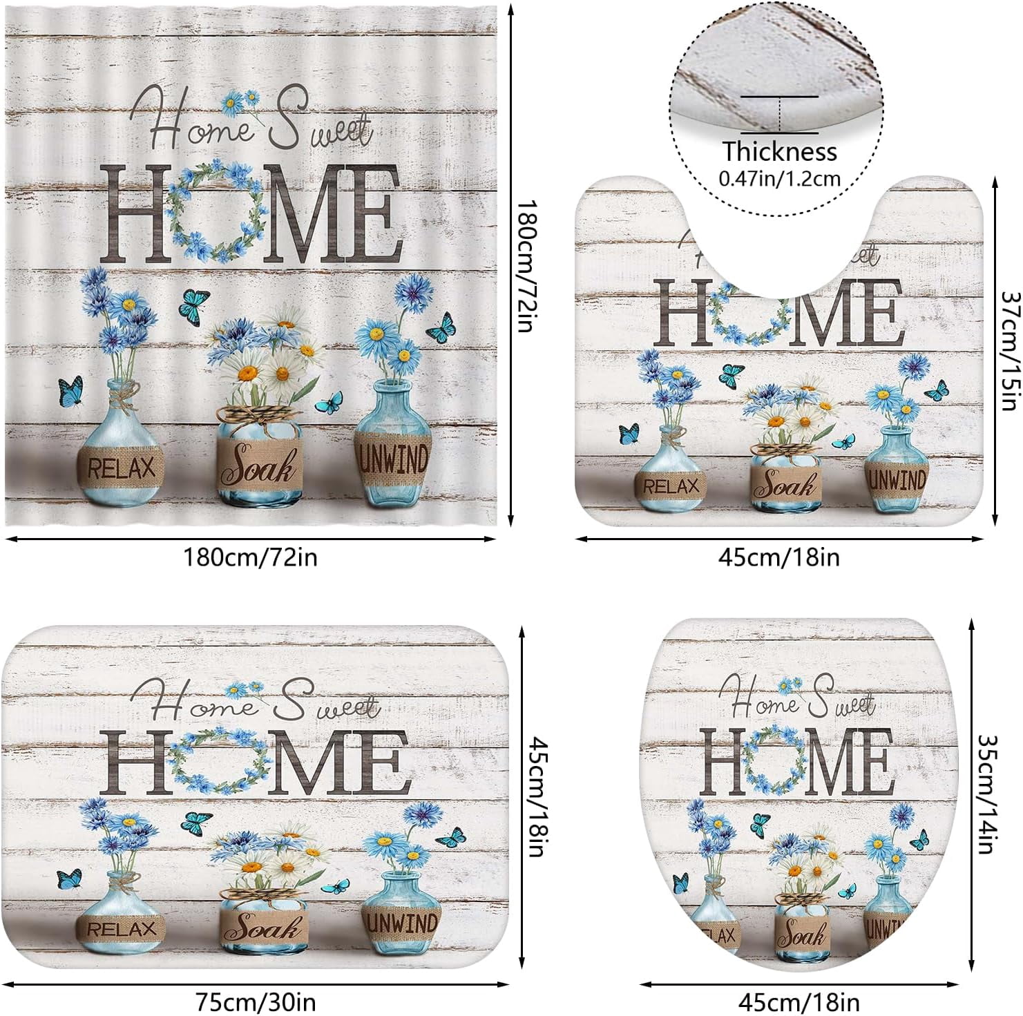 4PCS Farmhouse Shower Curtain Sets for Bathroom, Green Eucalyptus Rustic Bathroom Set with Shower Curtain and Rugs, Country Style Home Sweet Home Vintage Bathroom Decor Accessories