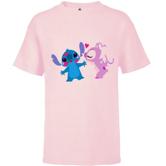 Disney Stitch and Angel Valentine’s Day Kisses - Short Sleeve T-Shirt for Kids – Customized-Soft Pink