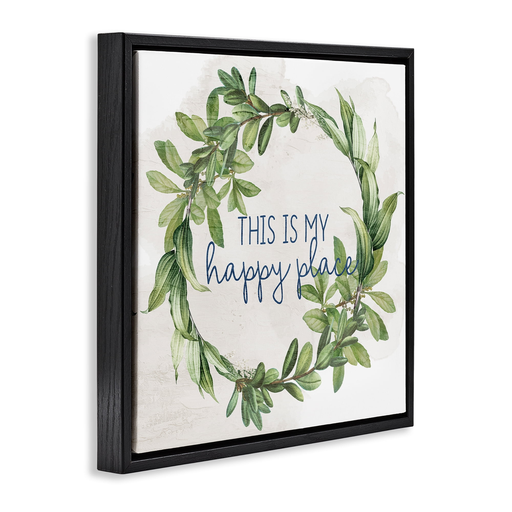 Stupell Industries Happy Place Wreath Plants & Flowers Painting Black Floater Framed Canvas Art Print Wall Art, 25 x 25