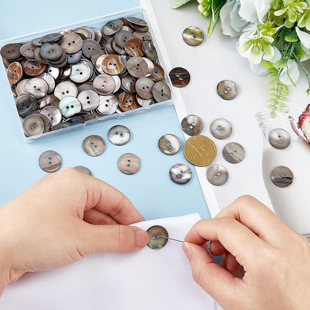 1set 200pcs Shell Buttons 2 Holes Sewing Craft Buttons Natural Shell Button Flat Round Seashell Buttons Sewing Accessories for Clothing Blazer Suits Shirts Jeans Sweater Jacket DIY Craft Black