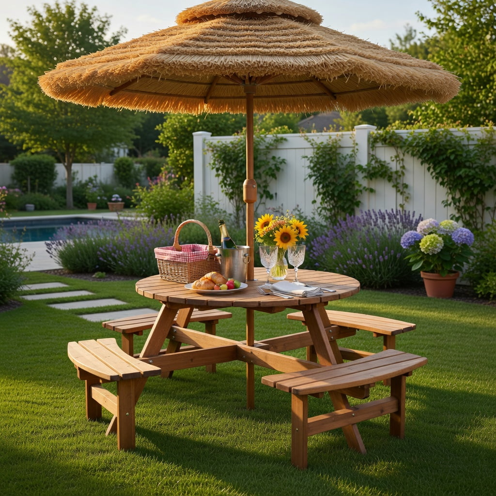 Hommoo 6-Person Wooden Picnic Table Set with Benches & Center Umbrella Hole, Fir Wood Outdoor Dining Set for Patio, Lawn, Deck, Dark Brown