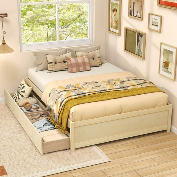 Costway Full Size Wooden Platform Bed with 2 Rolling Storage Drawers Wood Slat Support Natural