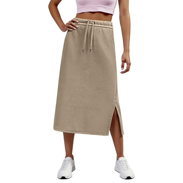 Krdevn Women's High Waist Solid Color Casual Drawstring Side Slit Skater Skirt with Pockets Stretchy Comfortable A Line Mini,Size:M