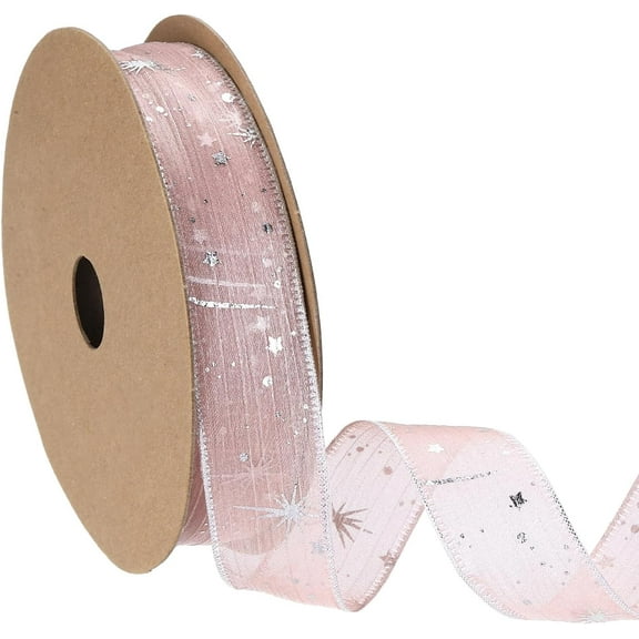 Organza Star Ribbon Wired, 1 Inch Wide 20 Yards Tree Print Sheer Glitter Ribbon for Gift Wrapping Garland Bouquet Ornaments Party Decorations (korean pink color)
