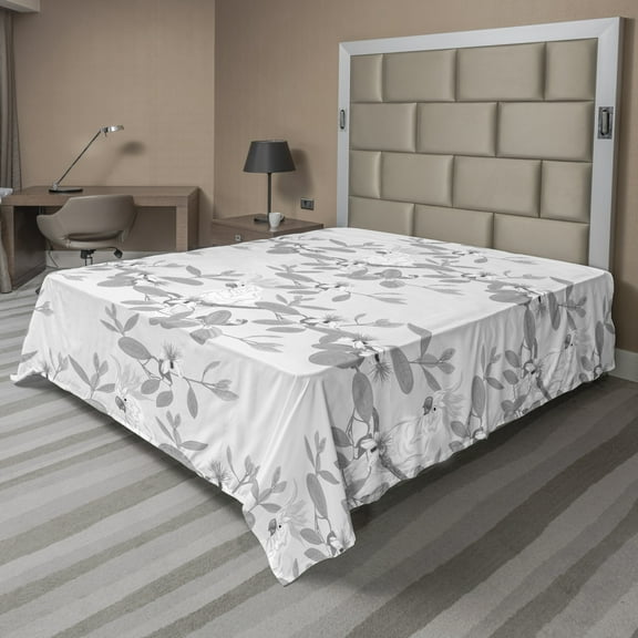 Ambesonne Floral Flat Sheet, Cockatoo Parrot and Feijoa, King Size, Grey and White