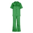 thumbnail image 5 of Besolor Women's Silk Satin Pajamas 2 Piece Outfits Short Sleeve Button down Shirt and Wide Leg Pants Sets Sleepwear Pjs Green, 5 of 9