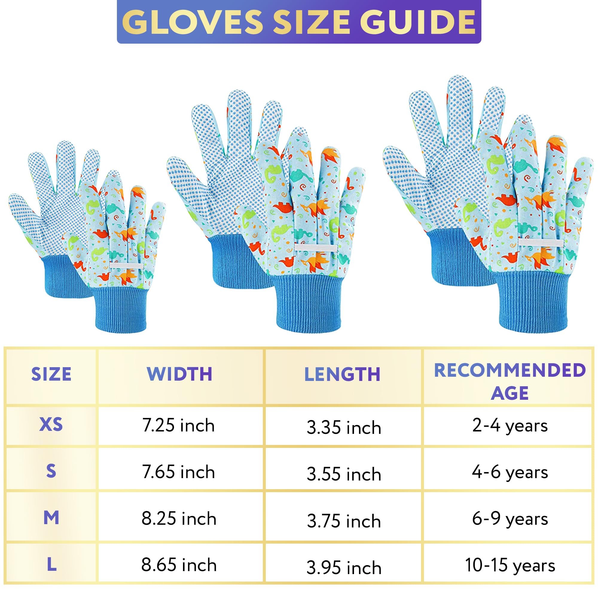 Blue Kids Gardening Gloves, Dinosaur Print Poly/Cotton, 3 Pairs, X-Small