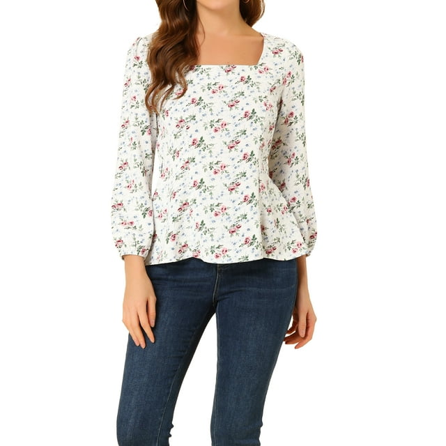 Unique Bargains Blouse à Manches Longues à Encolure Carrée à Fleurs pour Femmes