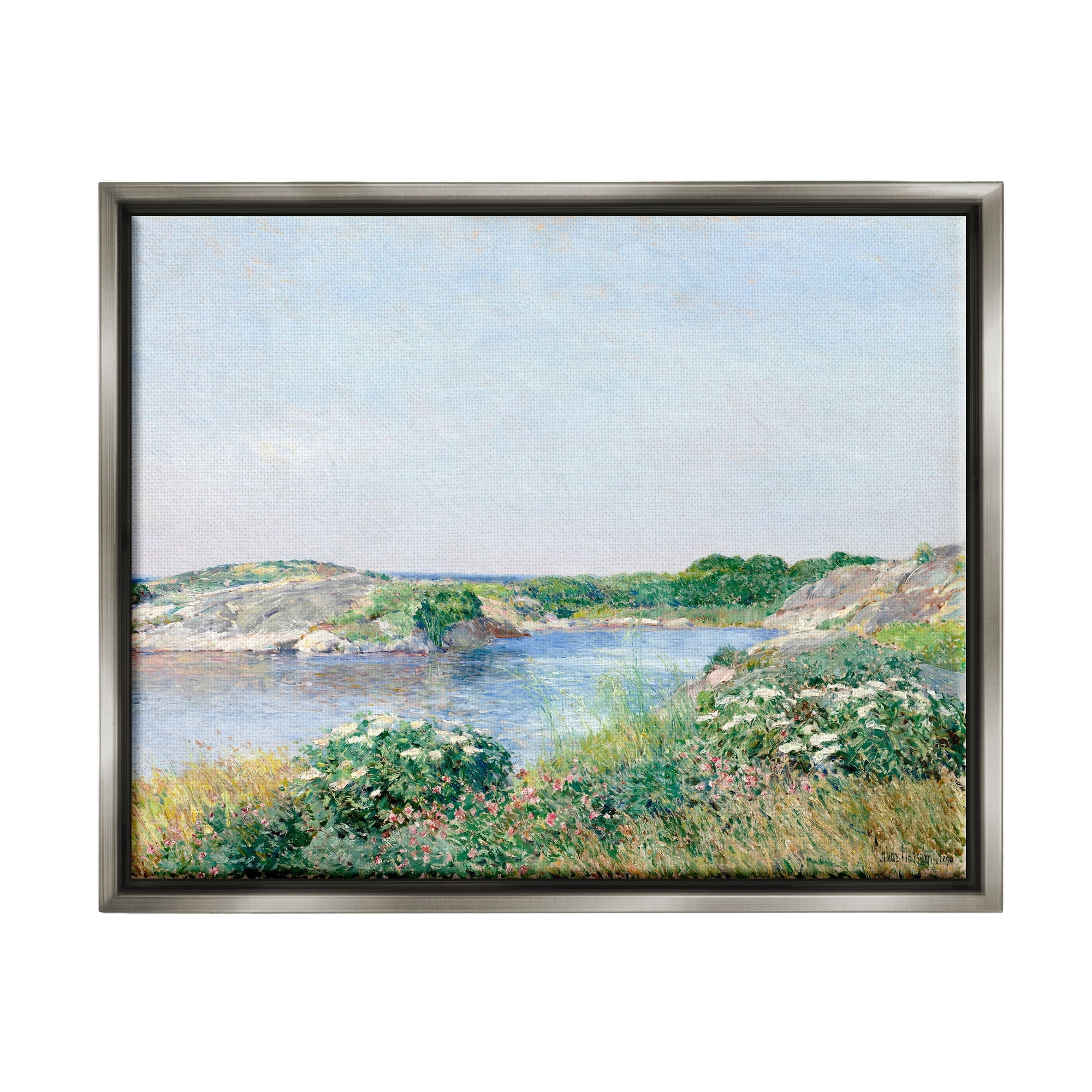 Stupell Industries Rocky Shore Flower Bushes Ocean Inlet Scene Painting Luster Gray Floating Framed Canvas Print Wall Art, Design by Lettered and Lined