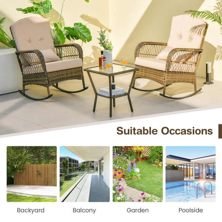 Aimee Lii 3 Pieces Outdoor Hand-Woven PE Rattan Conversation Set with Tempered Glass Coffee Table, Patio Sectional Furniture Set, Beige