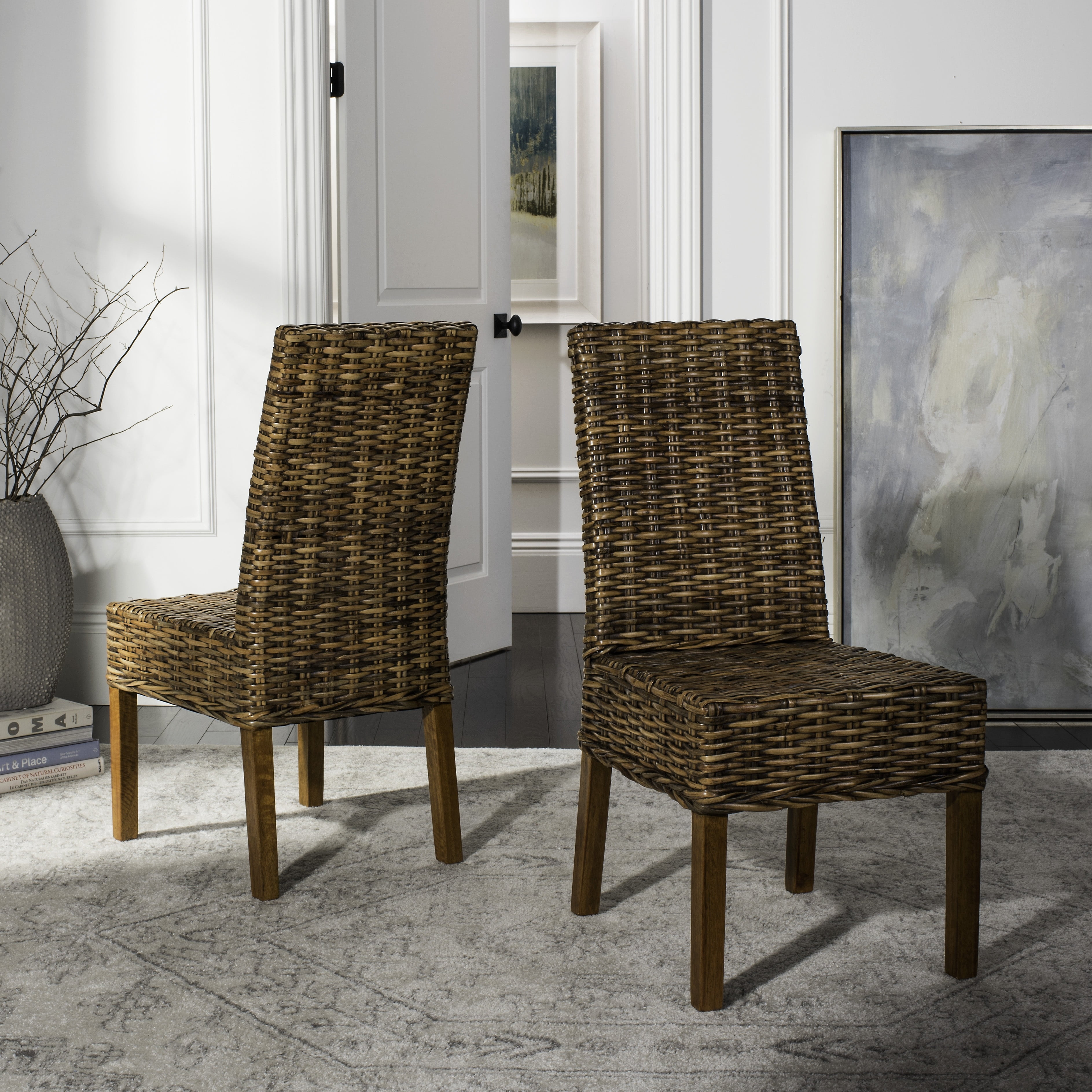 SAFAVIEH Sanibel Nautical Rattan Solid Dining Parsons Chair, Brown (Set of 2)