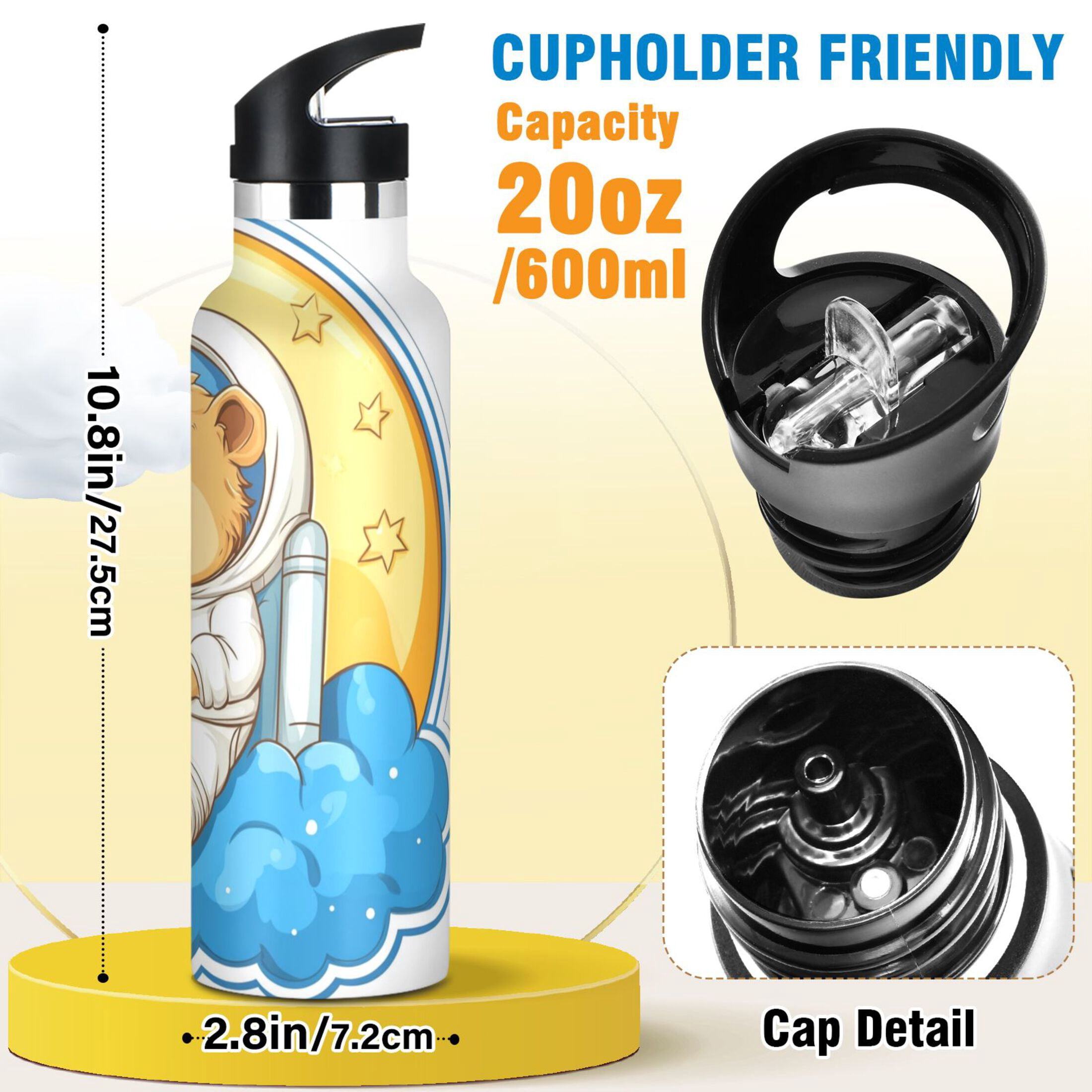 Kids Insulated Stainless Steel Sports Water Bottle 600ml (20oz) Astronaut Capibara
