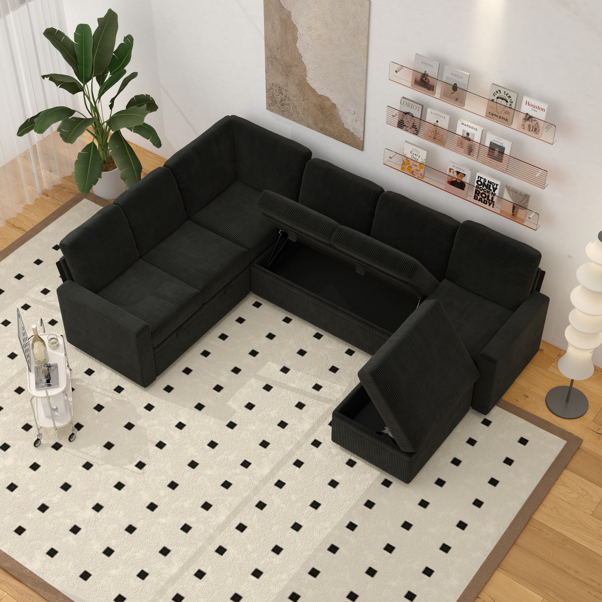 Gewnee 6-Seater Black L-Shaped Convertible Sofa - Soft-Touch Corduroy Fabric,Multifunctional Storage, for Living Rooms & Halls（including 1 footstool）