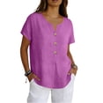 thumbnail image 2 of Women's Casual Short Sleeve V-Neck Button-Down Top - Loose Fit Linen-Blend Blouse for Summer, Everyday Wear & Vacation Purple L, 2 of 6