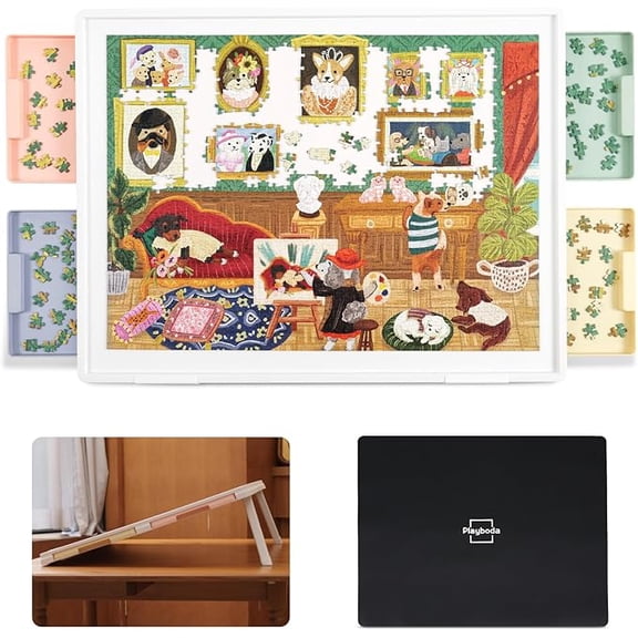 Playboda 1000-Piece 2-in-1 Tilting Puzzle Board (30"x22") with 4 Color Drawers and Protective Cover, Adjustable Puzzle Table with Built-in Stand