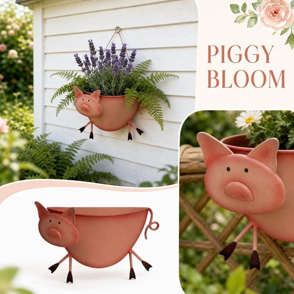 Cute Metal Pig Planter, Hanging Flower Pot for Succulents & Herbs, Whimsical Garden Decor for Patio, Fence, and Porch, Rust-Resistant Outdoor/Indoor Decor