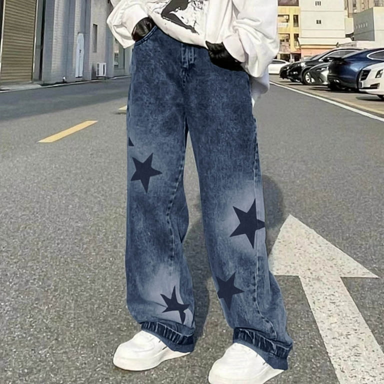 Women Jeans Pants High Waist Y2K Style Harajuku E-Girl Streetwear Pants  Casual Baggy Vintage Flare Denim Pants(Size:Wide,Color:Blue A)
