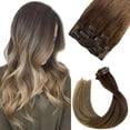thumbnail image 1 of Extensiones de cabello con clip, cabello humano real, extensiones de cabello marrón degradado a marrón ceniza, cabello humano con clip para mujeres, 20 pulgadas de largo, recto, 7 piezas, 70 g, doble, 1 of 5