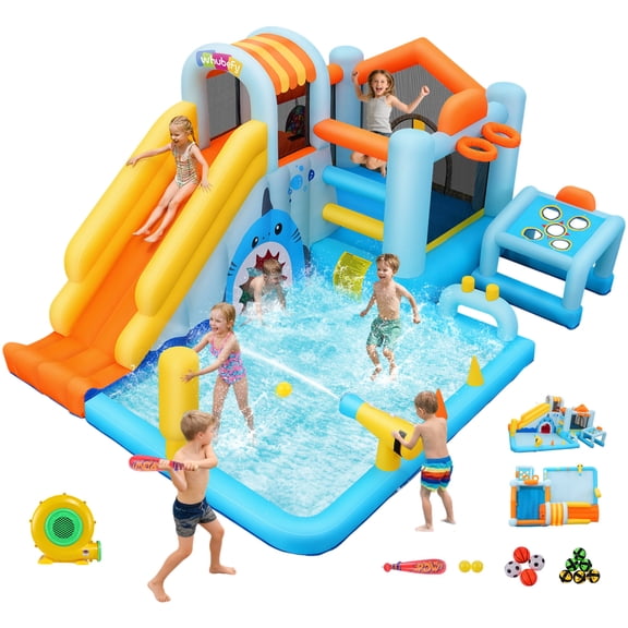 Adnoom 14 in 1 Inflatable Bounce House for Big Kids, Indoor Outdoor Water Slide with Large Pool, 480W Blower, Obstacle Bouncy House with Golf, Water Cannon for Backyard Party Kids 3~12