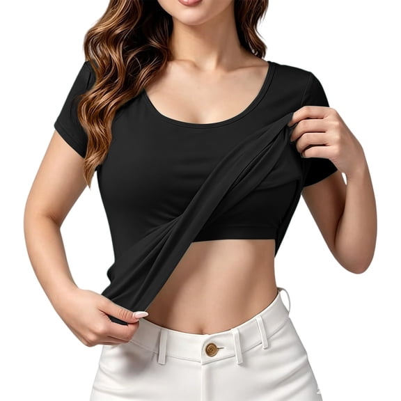 Pumxq Women Built-in Bra Short Sleeve Shirts Crewneck T-Shirt Slim Fit Going Out Tops Casual Summer Basic Tees Black L