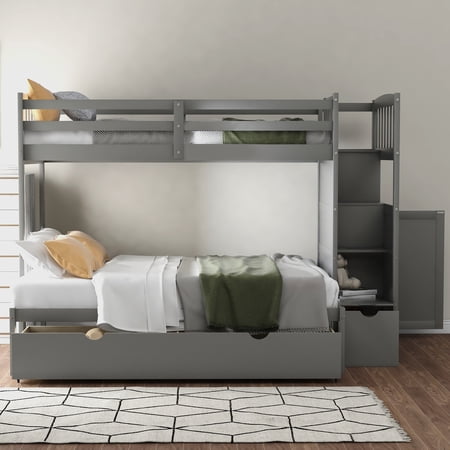 Dcenta Twin over Full/Twin Bunk Bed  Convertible Bottom Bed  Storage Shelves and Drawers  Gray