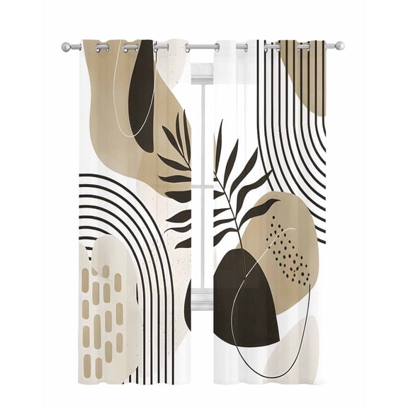 Brown Boho Geometric Sheer Curtains 84 Inch Length 2 Panels Set for Living Room/Bedroom, Country Retro Abstract Lines Leaves Kitchen Curtains Grommet Semi-Sheer Curtains Window Treatments 42"x84"x2