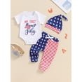 thumbnail image 4 of Aojekbee Baby Boy Patriotic Outfit Letter Print Short Sleeves Romper and Elastic Star Stripe Pants Beanies Hat Set, 4 of 10