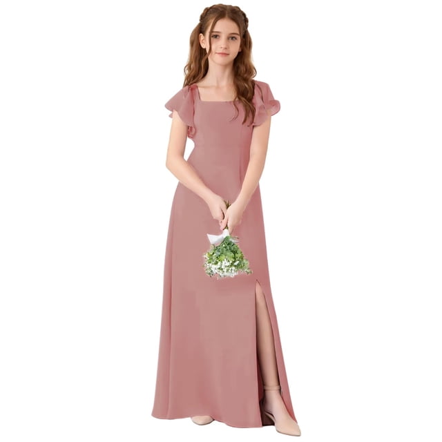 Vestido de dama de honor junior Fulbymu de manga corta, color rosa empolvado