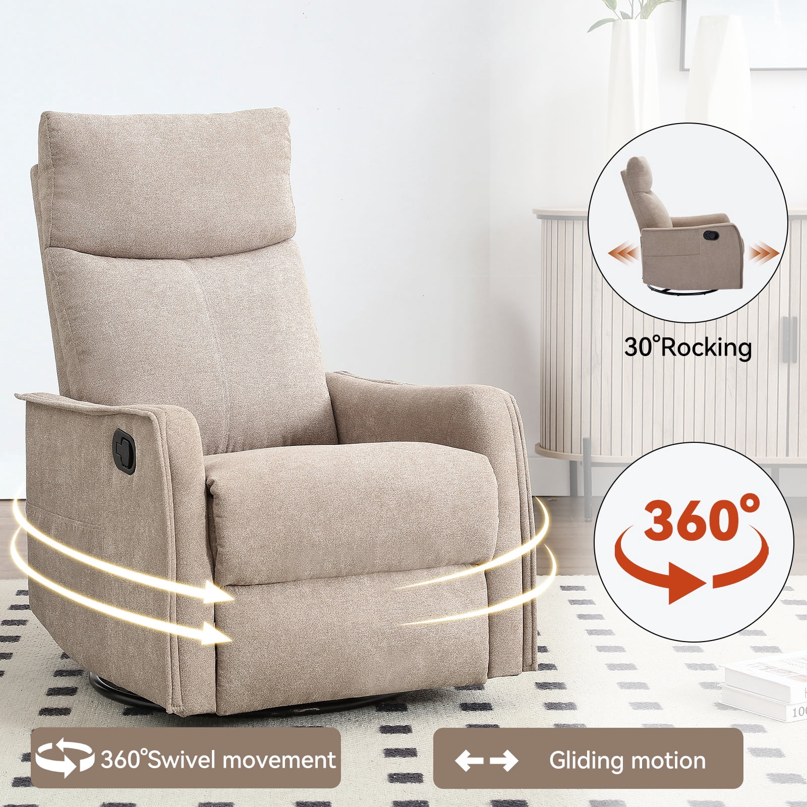 Holaki Manual Swivel Rocker Recliner Chair, 360° Swivel Recliner with Massage and Heat, Chenille Rocker Recliner Nursery Glider Chair with Side Pockets, Lumbar Support for Living Room, Khaki