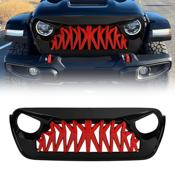 AMERICAN MODIFIED Glossy Black & Red Front Shark Grille for 2018 Jeep Wrangler JL Gladiator JT