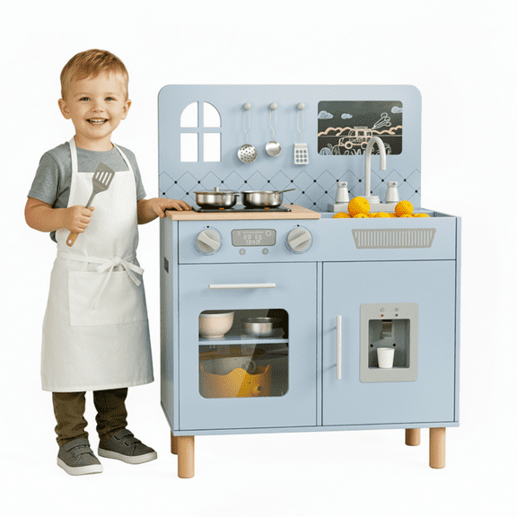 TLSUNNY Toddler Play Kitchen with Chalkboard Panel, Real Lights & Sounds, Sink & 6 Pcs Cookware, Educational Pretend Play