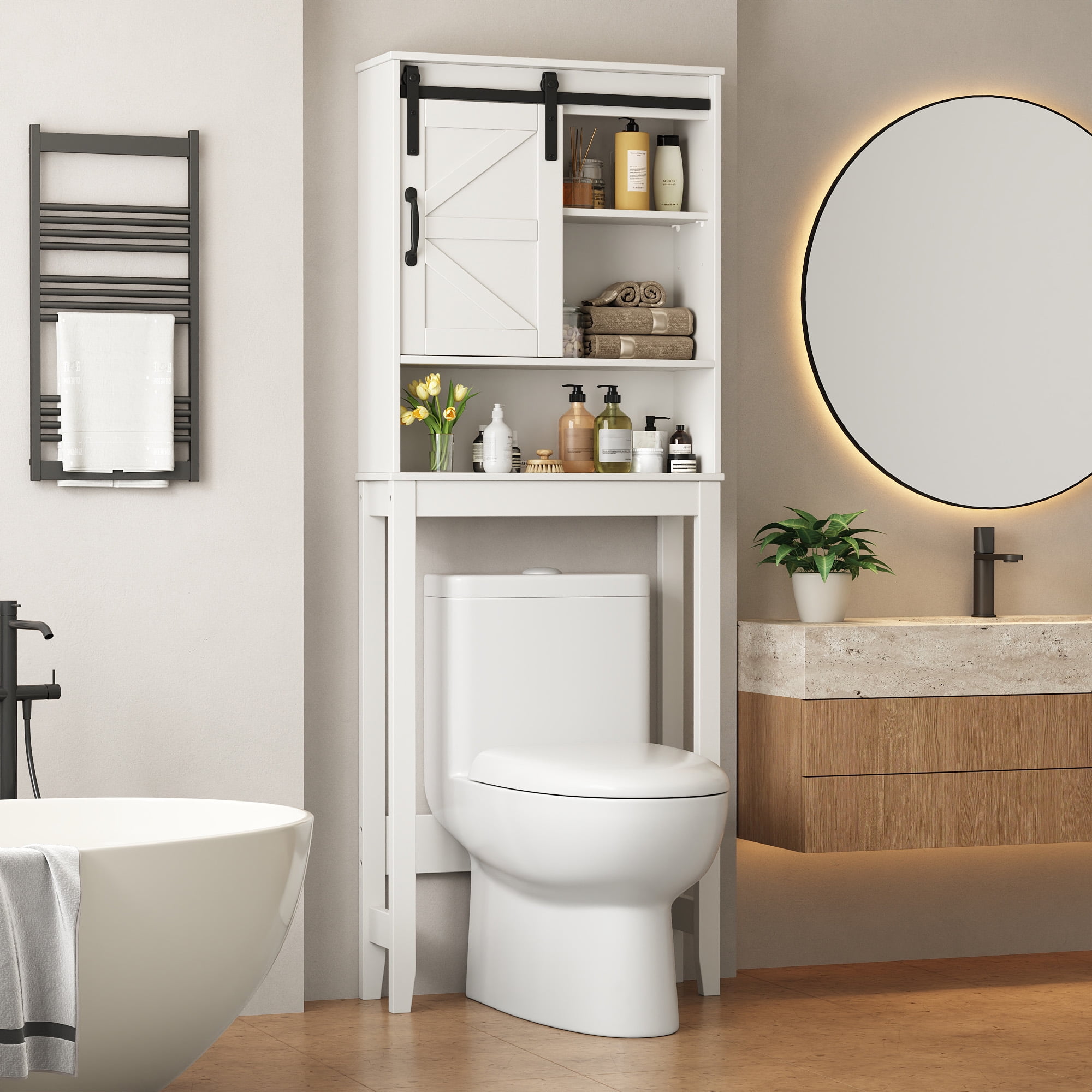 Over the Toilet Storage Cabinet, White Bathroom Shelf Organizer with Adjustable Shelf, Sliding Barn Door, Anti-Tipping Design, Waterproof for Bathroom/Laundry Room Organization