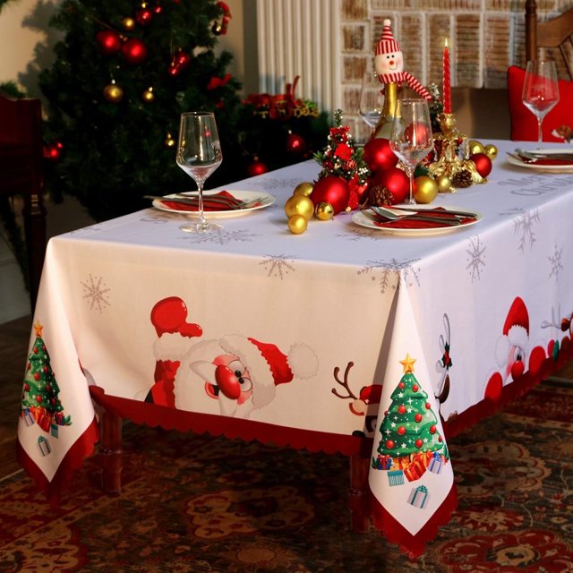 Christmas Water Resistant Table Cloth Rectangle 60x120 Inch - Holiday Decorative Print New Year''s Eve Oblong Cloth Tablecloth - Easy Care Fabric Table Covering for Party, Kitchen, Dining Room