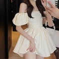thumbnail image 3 of Dress for Women Puff sleeves One-shoulder Flowy Puffy Mini Skirt Fitted Solid color Pleated Waist Sundress(White,S), 3 of 7
