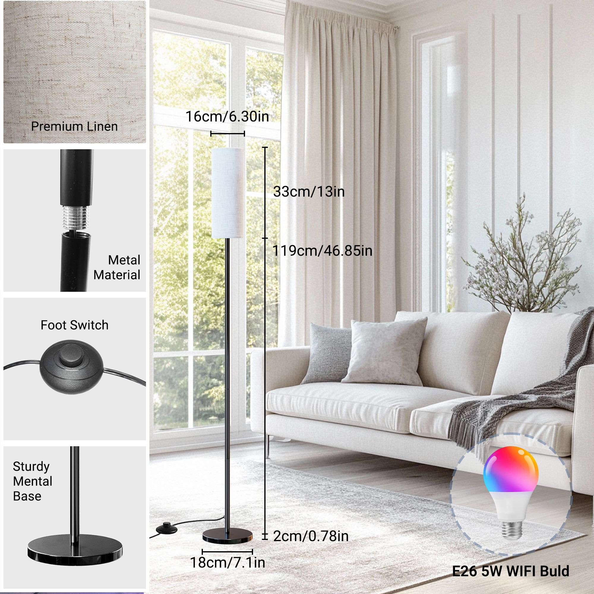 GUPUP RGB Modern Floor Lamp for Living Room, LED Standing Lamp with App Control, Works with Alexa & Google Home