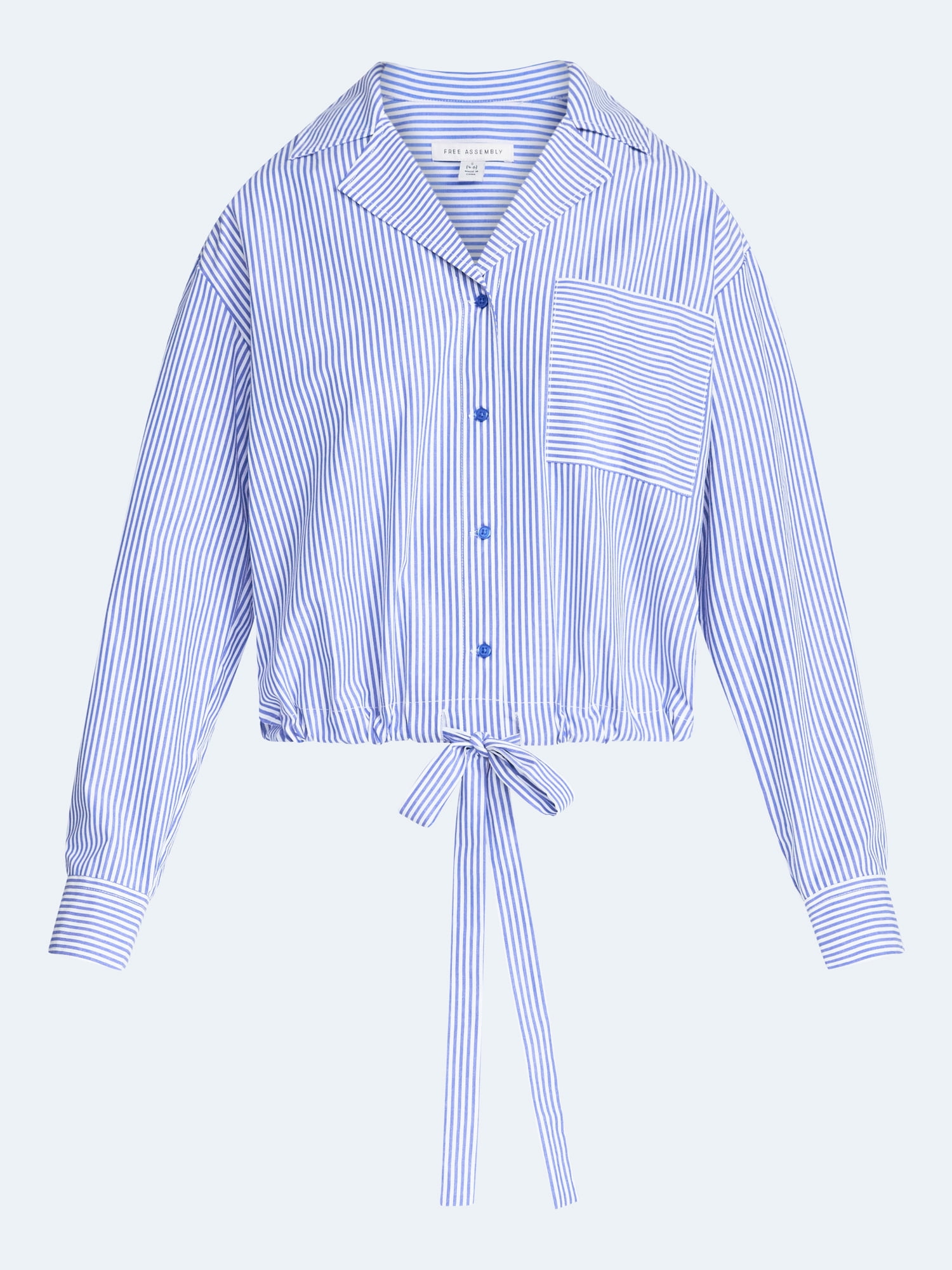 Free Assembly Women's and Women's Plus Cotton Poplin Tie Waist Shirt with Long Sleeves, Sizes XS-4X