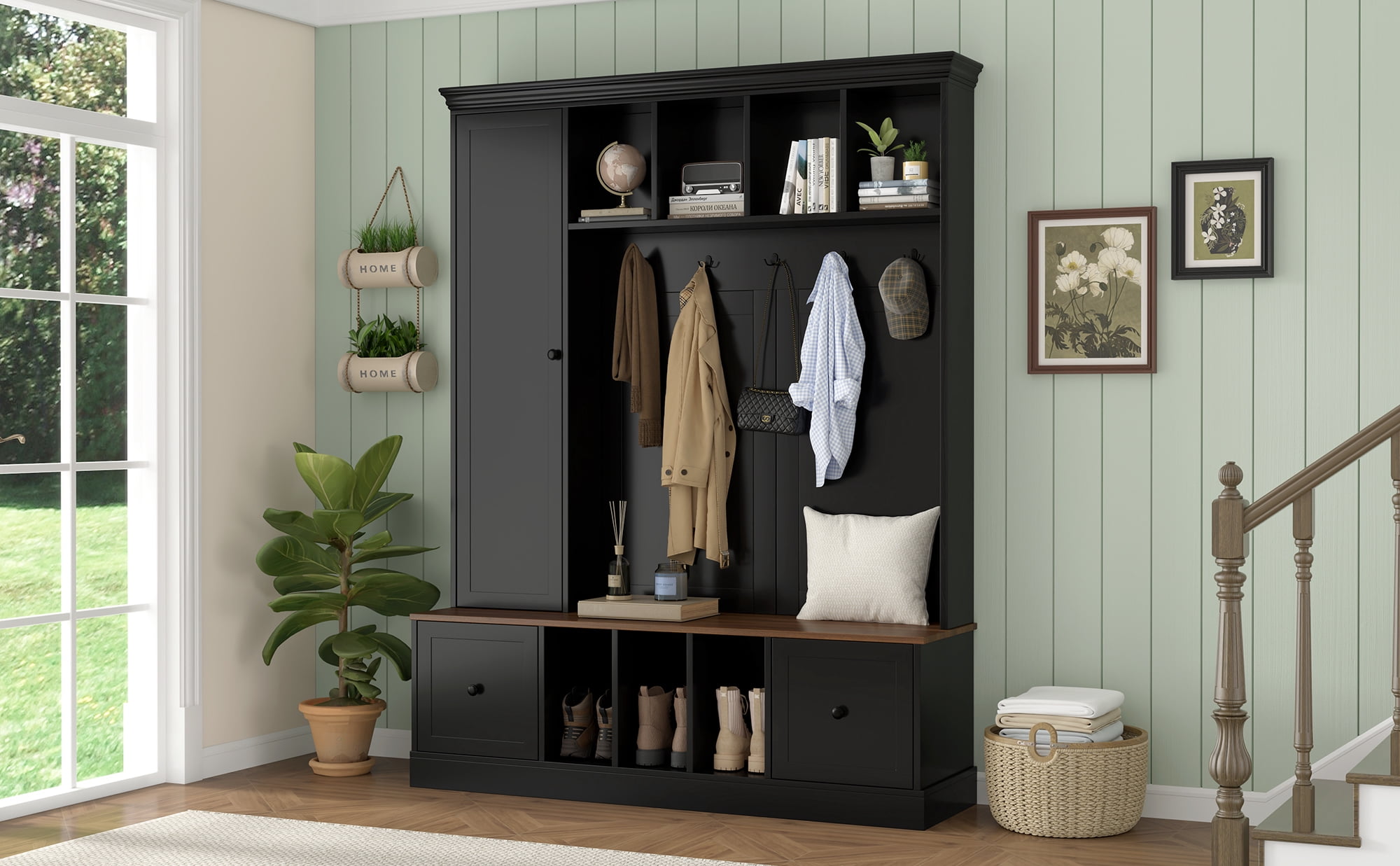 Mintazer Farmhouse Hall Tree with Bench and Shoe Storage, Adjustable Shelf Cabinet with Coat Rack, Hooks & Drawers for Hallway, Entryway, Black