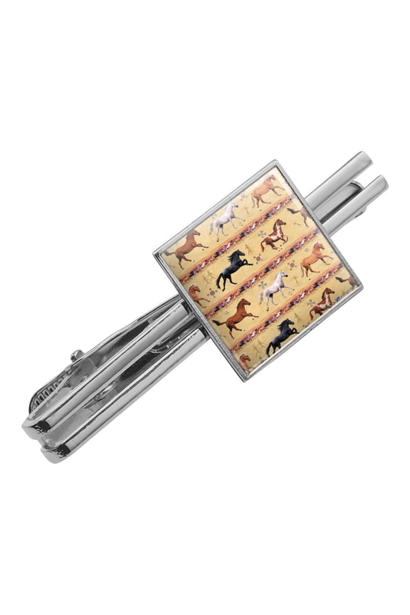 Horses Southwestern Border Pattern Square Tie Bar Clip Clasp Tack- Silver or Gold
