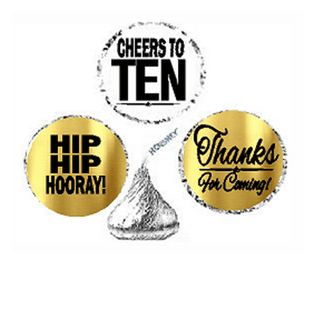 10th Birthday / Anniversary Cheers Hooray Thanks For Coming 324pk Stickers / Labels for Chocolate Drop Hersheys Kisses, Party Favors