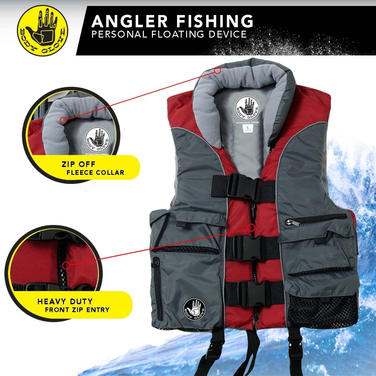 Body Glove Angler Unisex Adult Fishing PFD Life Jacket USCG Approved, Red
