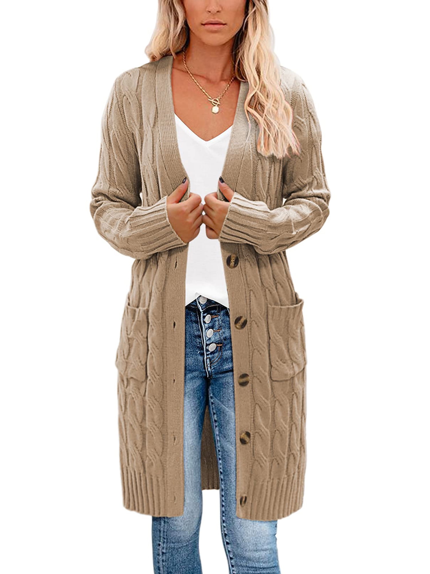 GRACE KARIN Women Open Front Knitted Cardigan Sweater Long Sleeve Long Knitting Trench Jumper with Pockets