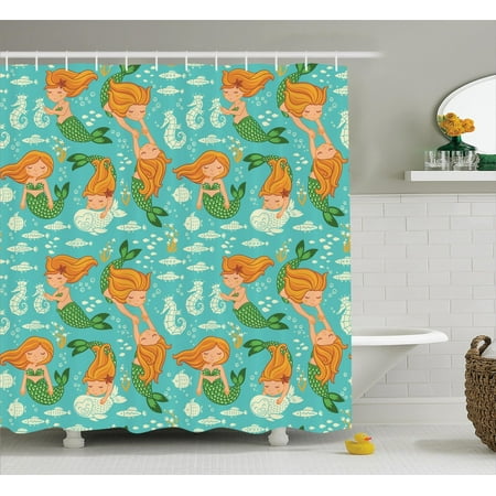 Mermaid Decor Underwater Cartoon World Little Mermaid Girls Friends Seahorse Fish Shells, Bathroom Accessories, 69W X 84L Inches Extra Long, By Ambesonne