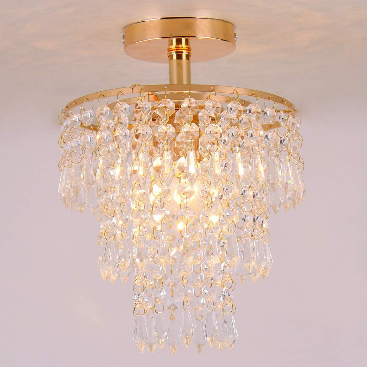 FRIXCHUR Small Crystal Chandelier Ceiling Light 3 Tiers Raindrops