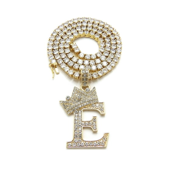 iJewelry2 Kings and Queens Crowned Initial Letter E Pendant Gold-tone CZ Tennis Chain Necklace 18''