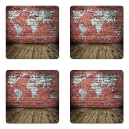 

Wanderlust Coaster Set of 4 Vintage Grunge Map Room Style Brick Rustic Geographic Interior Travel Square Hardboard Gloss Coasters Standard Size Cinnamon Pale Grey by Ambesonne